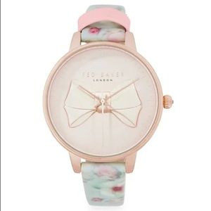 Ted Baker Rose Gold Blush Bow Face Floral Leather Strap Watch